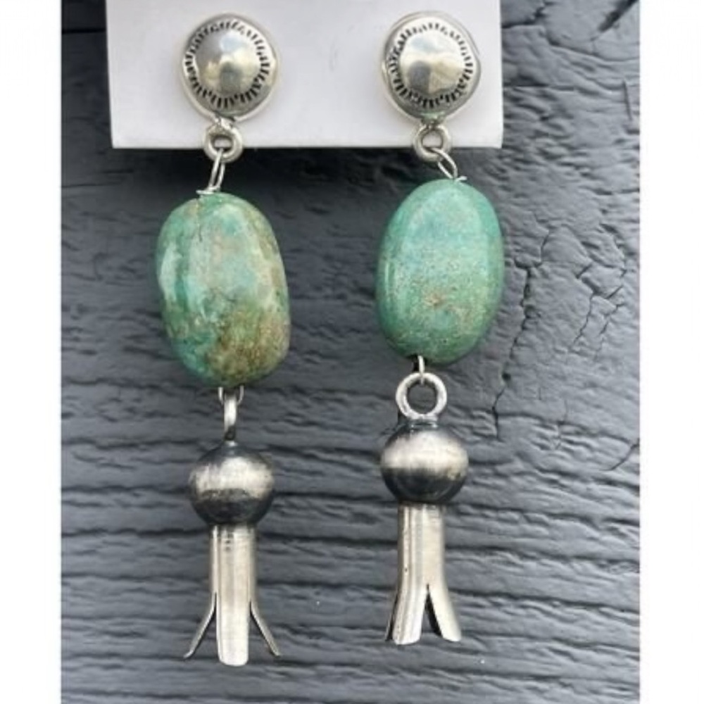 Vintage Navajo Tribal Green Turquoise Sterling Silver Squash Blossom Earrings